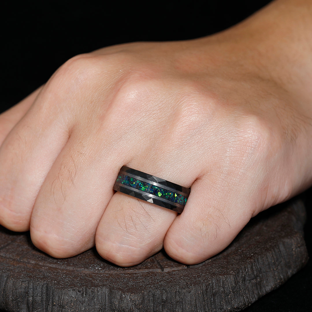 Stylish Men's 8mm Tungsten Ring Peacock Green Opal - Black, Rose Gold, Yellow Gold Anniversary & Promise Band - Esdomera