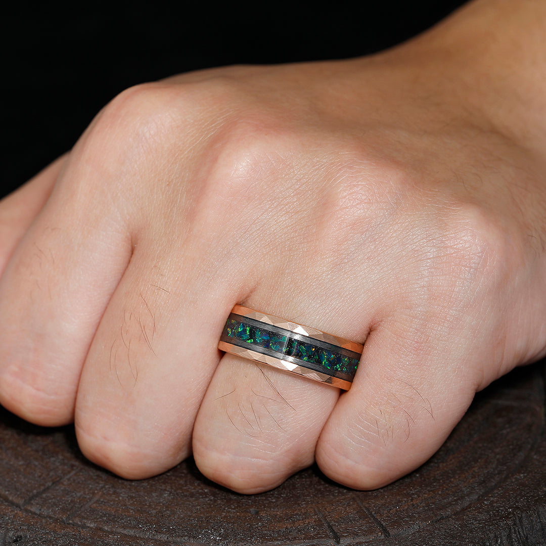 Stylish Men's 8mm Tungsten Ring Peacock Green Opal - Black, Rose Gold, Yellow Gold Anniversary & Promise Band - Esdomera