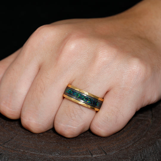 Stylish Men's 8mm Tungsten Ring Peacock Green Opal - Black, Rose Gold, Yellow Gold Anniversary & Promise Band - Esdomera