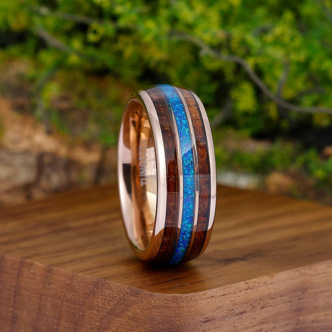 Subtle Blue Opal Batten Men' s Wedding Band Polished Dome Tungsten Ring For Birthday Gift - Esdomera