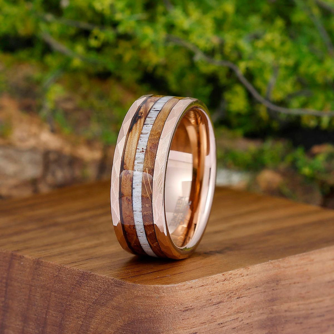 Tactile Wood Strips Tungsten Wedding Band Rose Gold Plated Smooth Ring Unisex Ring Gift - Esdomera