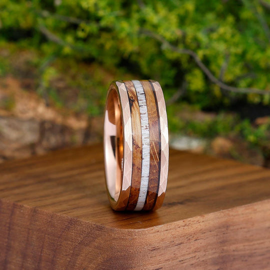 Tactile Wood Strips Tungsten Wedding Band Rose Gold Plated Smooth Ring Unisex Ring Gift - Esdomera