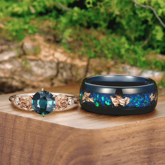 Teal Blue Sapphire Engagement Rose Floral Couples Ring Set Peacock Green Opal Matching Promise Ring - Esdomera