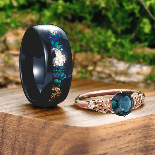 Teal Blue Sapphire Engagement Rose Floral Couples Ring Set Peacock Green Opal Matching Promise Ring - Esdomera