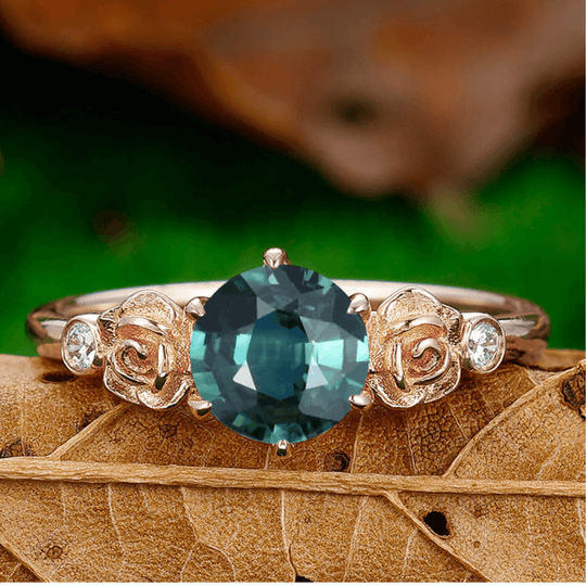 Teal Blue Sapphire Engagement Rose Floral Couples Ring Set Peacock Green Opal Matching Promise Ring - Esdomera