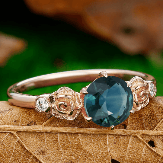 Teal Blue Sapphire Engagement Rose Floral Couples Ring Set Peacock Green Opal Matching Promise Ring - Esdomera