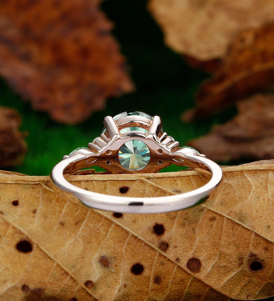 Teal Sapphire Rose Gold Art Deco Moissanite Marquise Shaped Moss Agate Ring - Esdomera