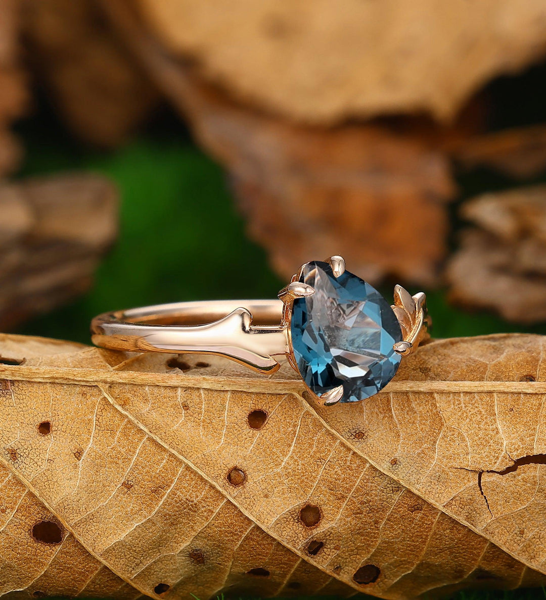 Teardrop Blue Topaz Engagement Ring 14k Rose Gold Wedding Promise Ring Nature Inspired Leaf Branch Ring - Esdomera