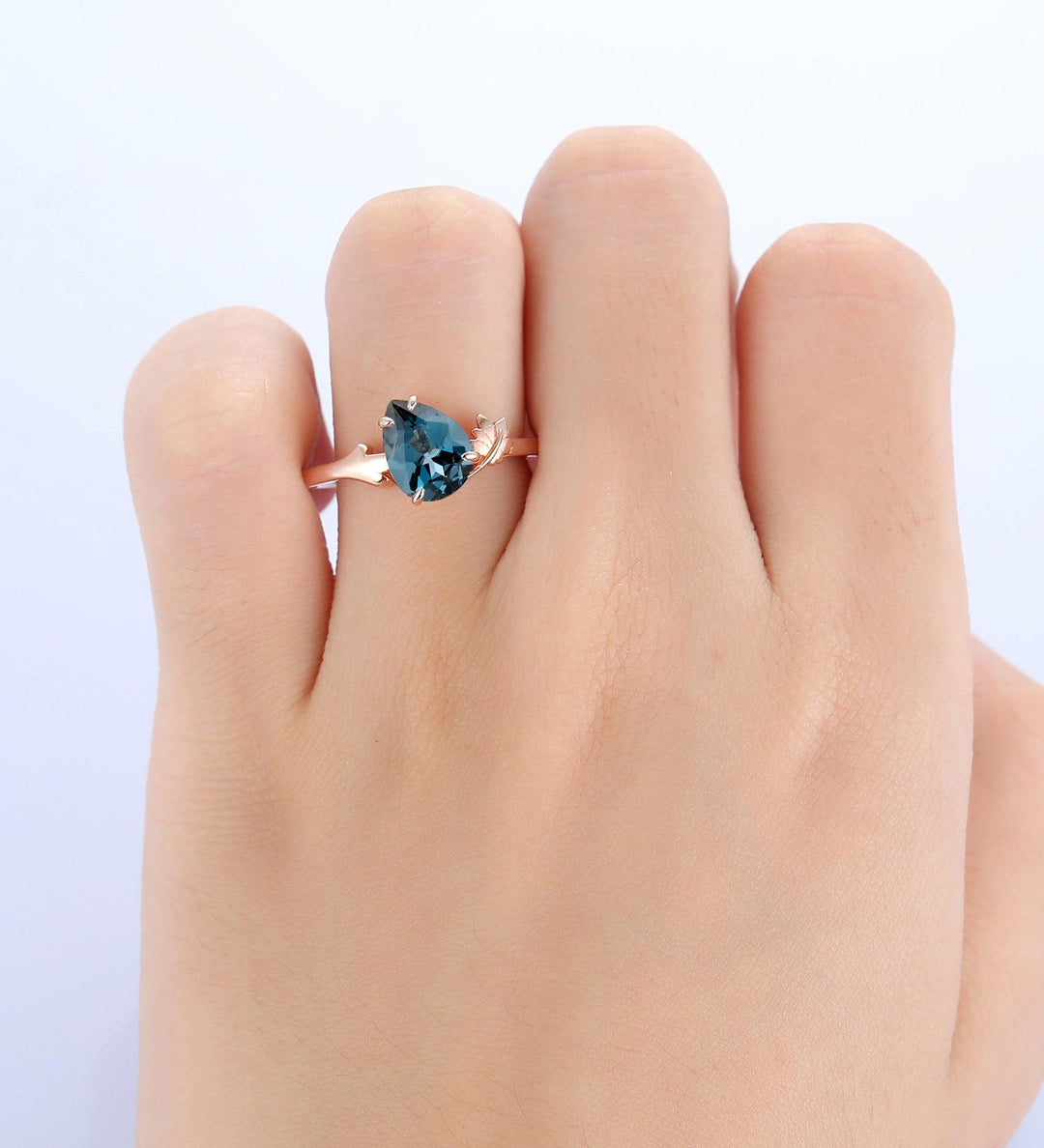 Teardrop Blue Topaz Engagement Ring 14k Rose Gold Wedding Promise Ring Nature Inspired Leaf Branch Ring - Esdomera