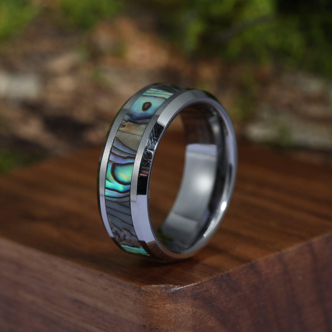 Tungsten 8mm Carbide Abalone Shell Inlay Ring Unique Wedding Band Men’s Wedding Band Unisex Ring - Esdomera