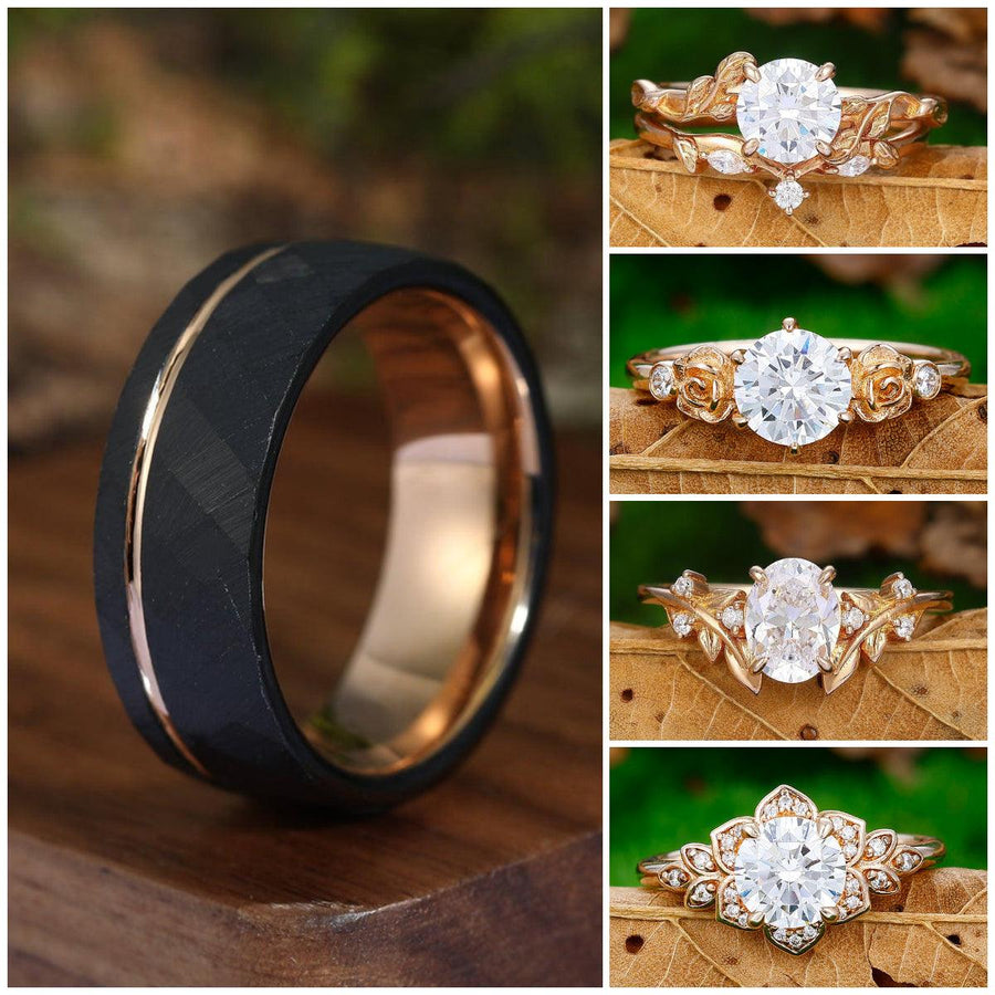Tungsten Men's Ring with 925 Silver Rose Gold Plated Moissanite Ring His and Hers Tungsten Couples Ring Set.