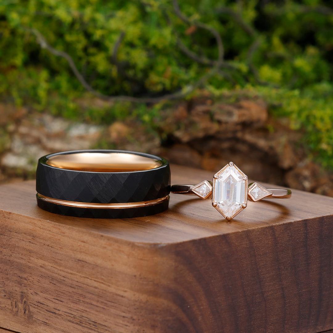 Tungsten Men's Ring with 925 Silver Rose Gold Plated Moissanite