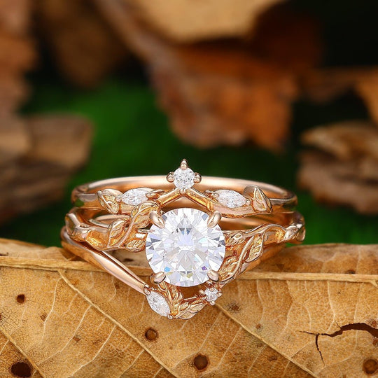 Twig Round Cut 1.25CT Moissanite Wedding Ring Curved V Shaped Leaf Band Bridal Set - Esdomera