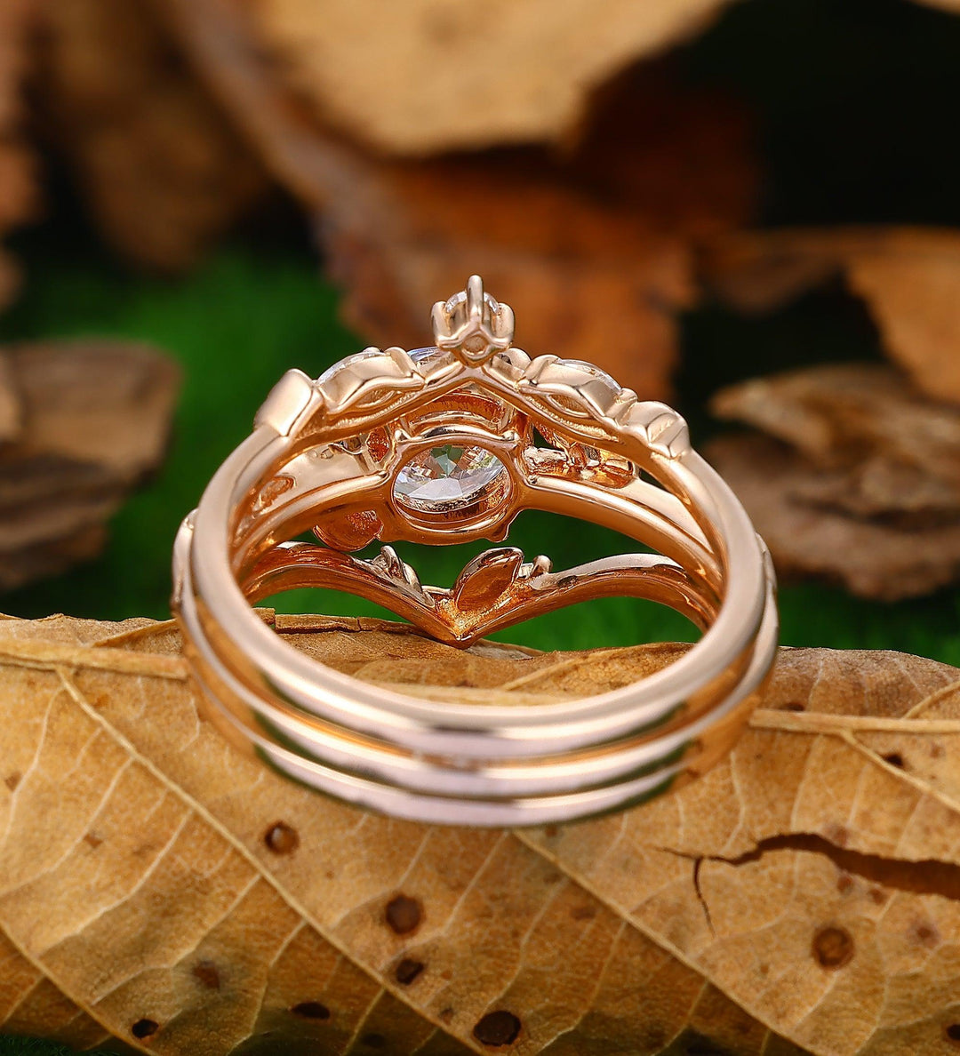 Twig Round Cut 1.25CT Moissanite Wedding Ring Curved V Shaped Leaf Band Bridal Set - Esdomera