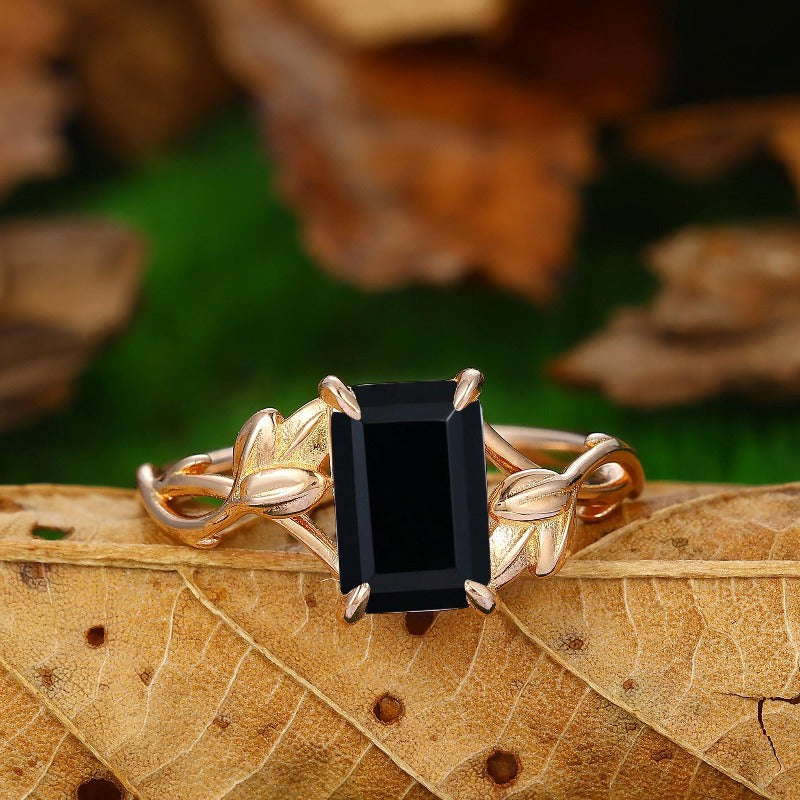 Twisted Leaf Vine Design 2.5 Carat Black Onyx Engagement Ring In 14k Rose Gold - Esdomera