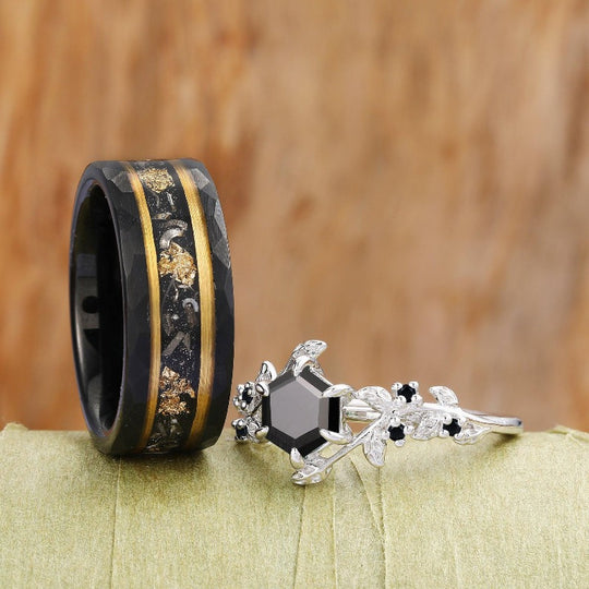 Two Tone Gold Leaf Foil Meteorite Tungsten Vintage Sterling Silver Matching Couples Ring Set His and Hers Black Gem - Esdomera