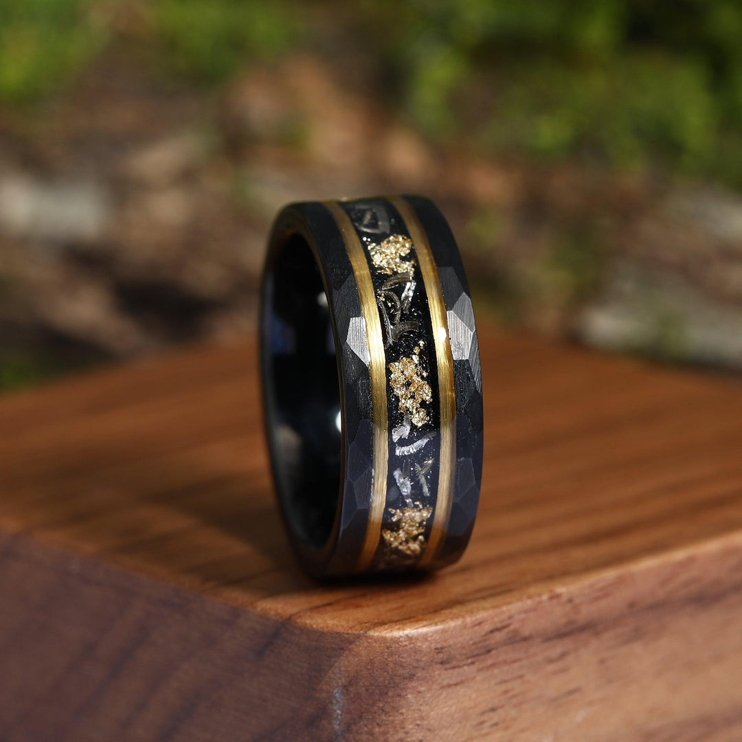 Two Tone Gold Leaf Gold Foil Meteorite Accent Tungsten Ring Set - Esdomera