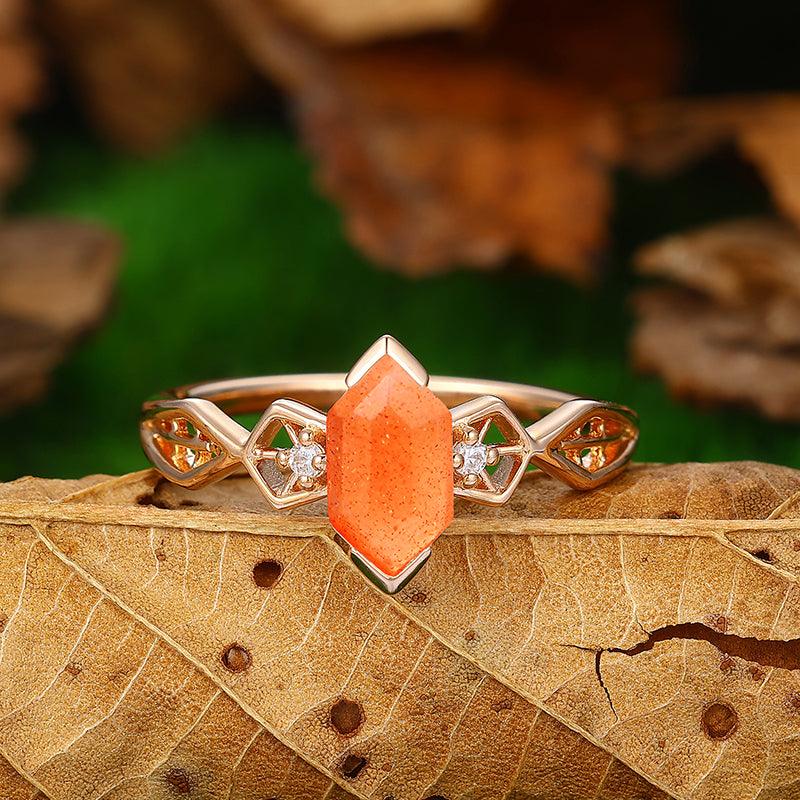 Unique 1.1 CT Natural Sunstone Diamond Half Eternity In Sterling Sliver Bridal Promise Ring - Esdomera