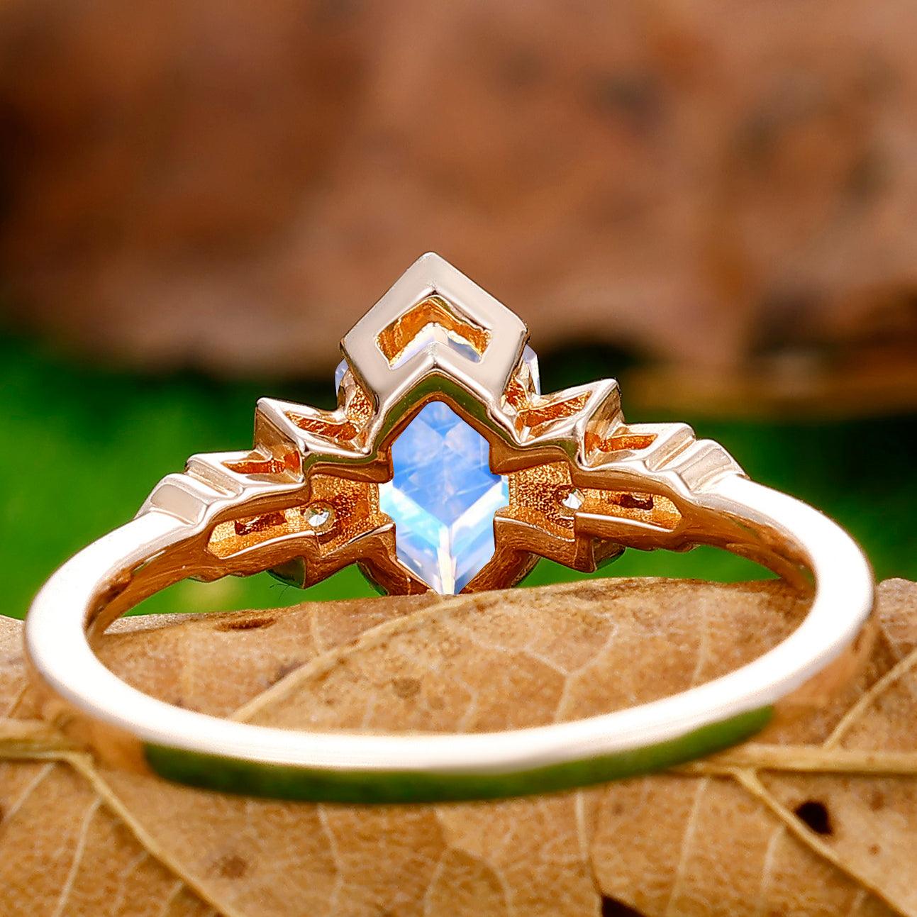 Unique 1.1CT Elongated Hexagon Cut Moonstone Ring Moissanite Inlay