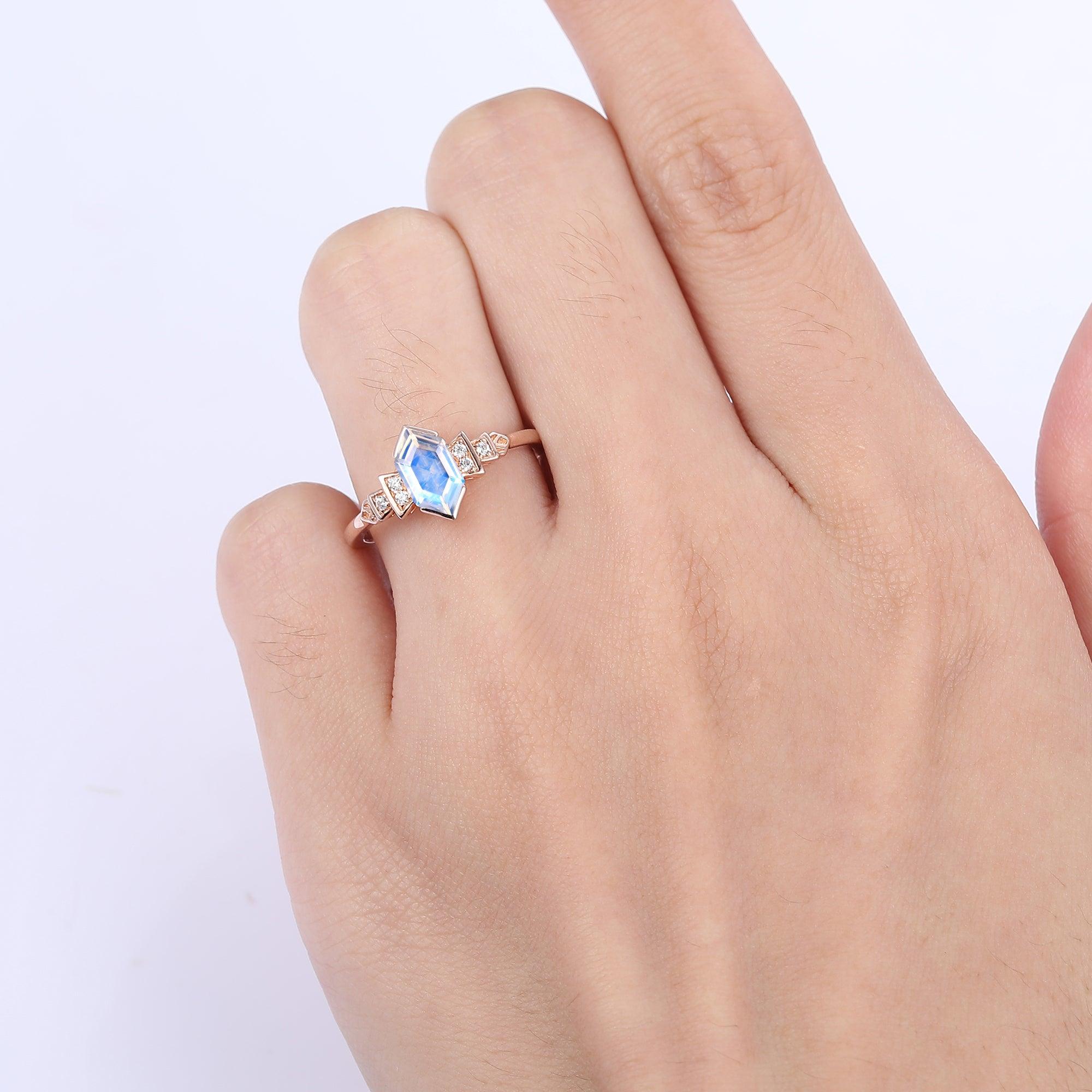 Unique 1.1CT Elongated Hexagon Cut Moonstone Ring Moissanite Inlay