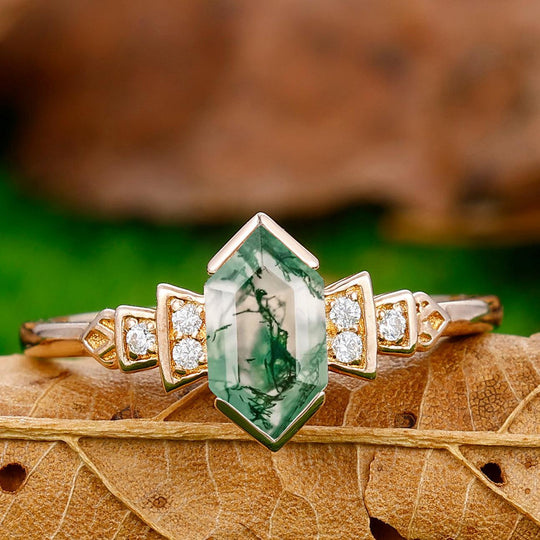 Unique 1.1CT Elongated Hexagon Cut Moss Agate Ring Moissanite Inlay Engagement Ring - Esdomera