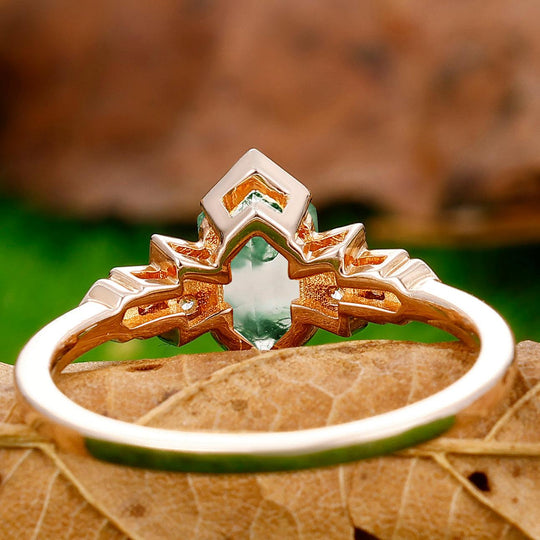 Unique 1.1CT Elongated Hexagon Cut Moss Agate Ring Moissanite Inlay Engagement Ring - Esdomera