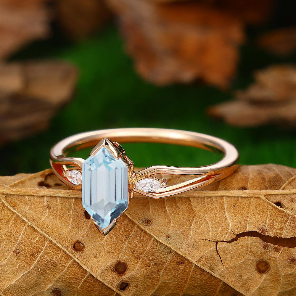 Unique 1.1CT Long Hexagon Cut Aquamarine Ring Anniversary Bridal Ring Gift - Esdomera