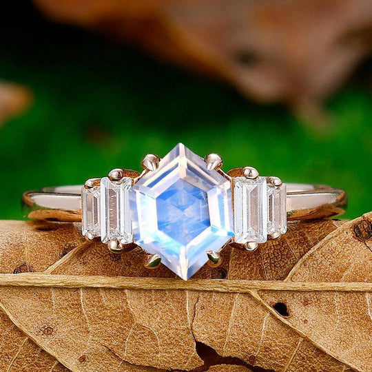 Unique 1.55CT Long Hexagon Cut Moonstone Engagement Ring - Esdomera