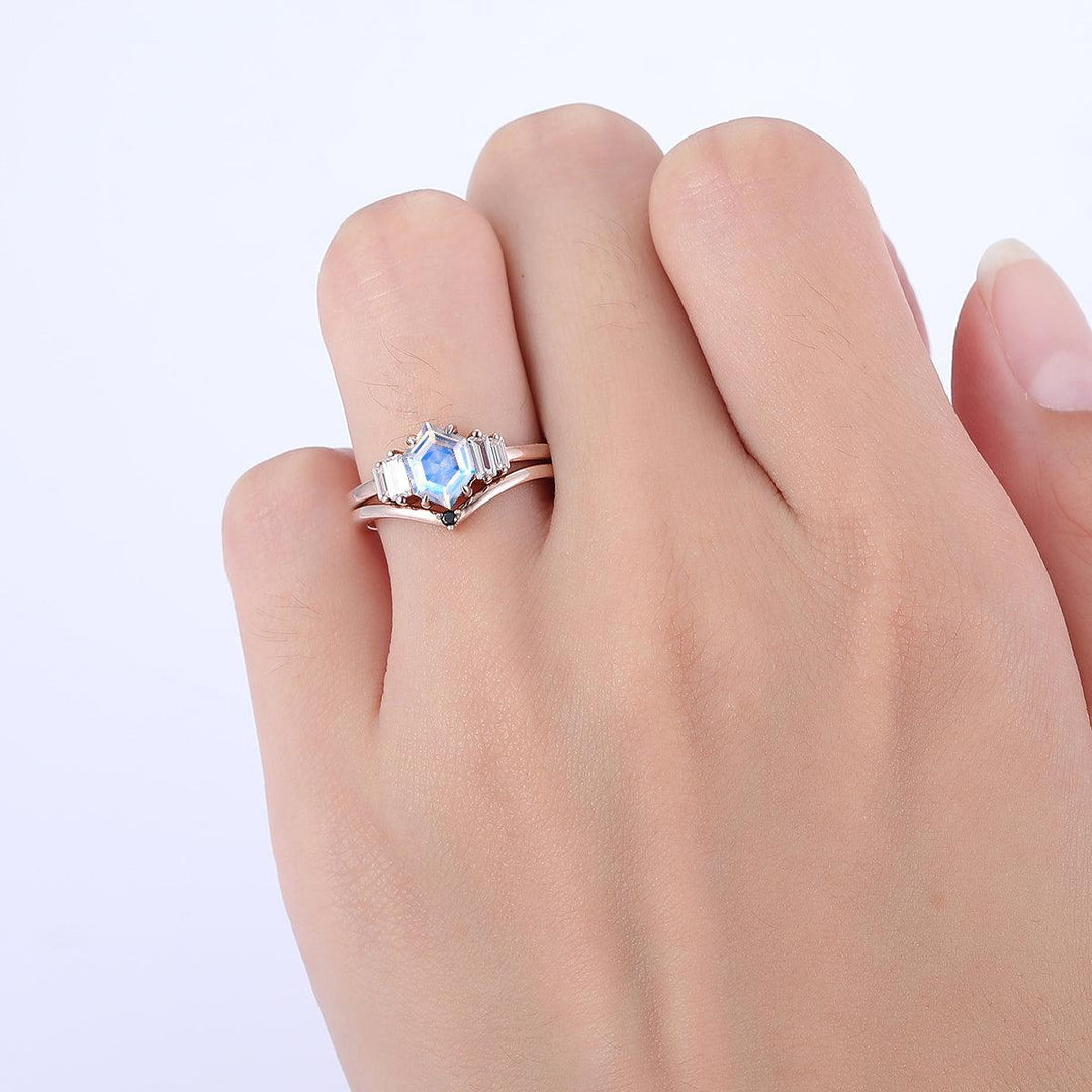 Unique 1.55CT Long Hexagon Cut Moonstone Engagement Ring - Esdomera