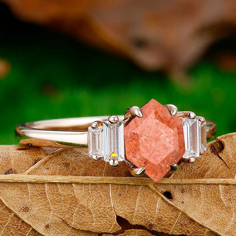 Unique 1.55CT Long Hexagon Cut Natural Sunstone Engagement Ring - Esdomera