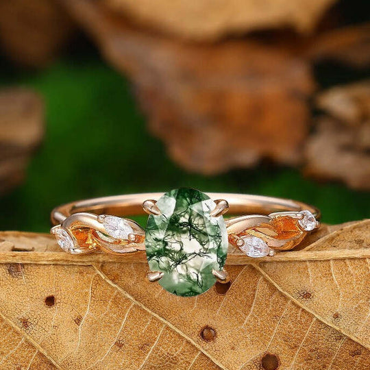 Unique 1.5carat Moss Agate Enagement Ring Nature Inspired Wedding Promise Ring 14k Soild Gold