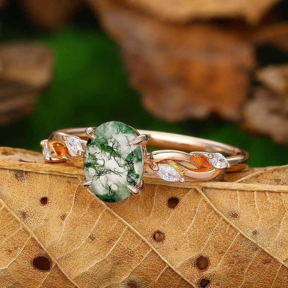 Unique 1.5carat Moss Agate Enagement Ring Nature Inspired Wedding Promise Ring 14k Soild Gold