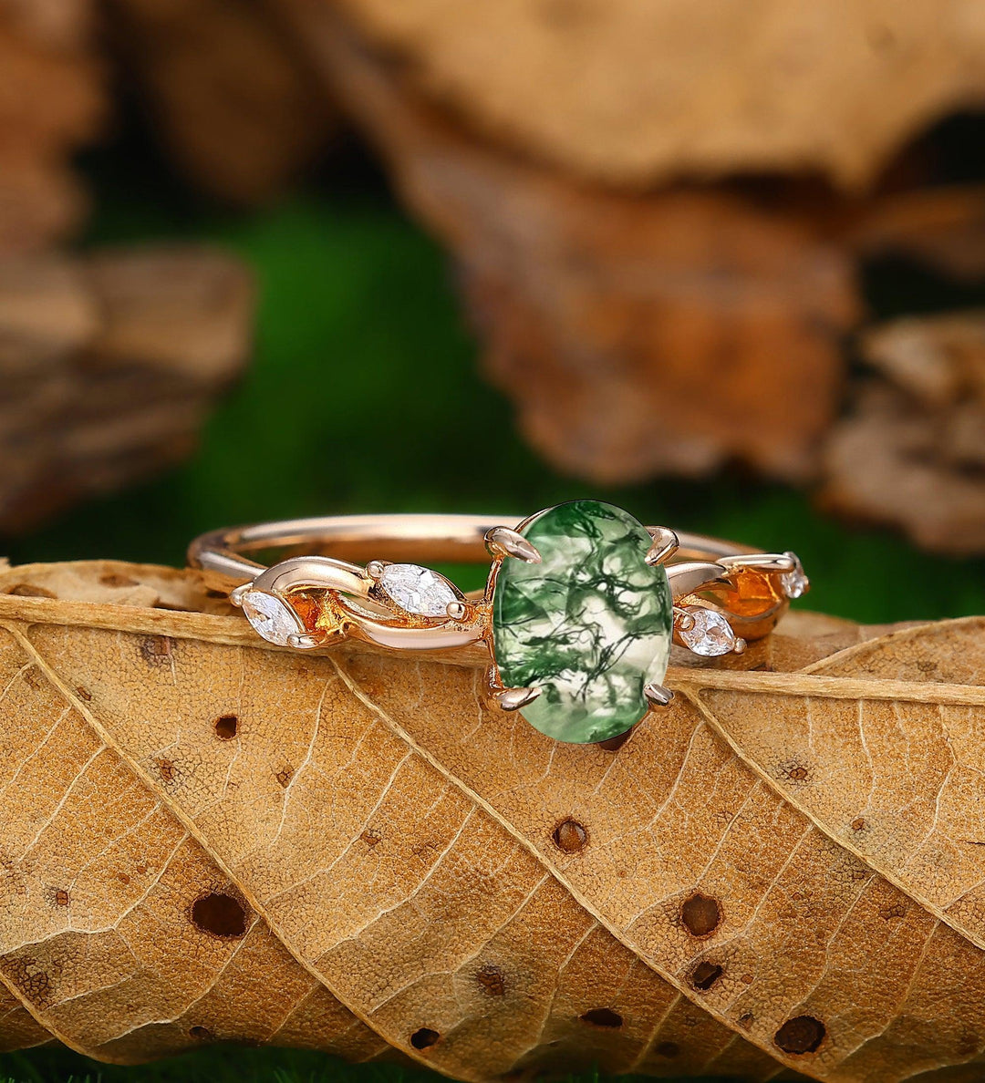 Unique 1.5carat Moss Agate Enagement Ring Nature Inspired Wedding Promise Ring 14k Soild Gold - Esdomera