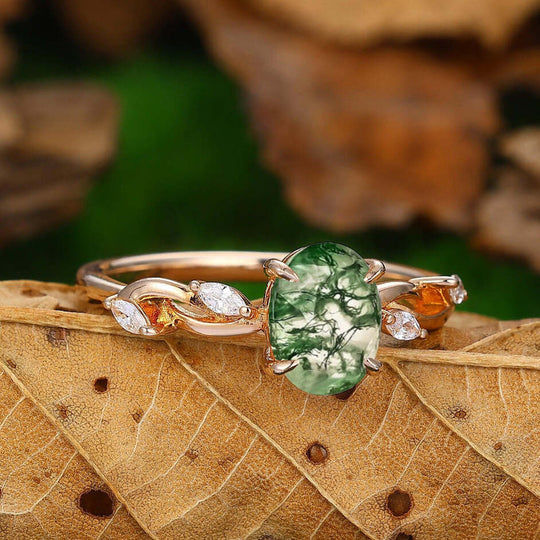 Unique 1.5carat Moss Agate Enagement Ring Nature Inspired Wedding Promise Ring 14k Soild Gold