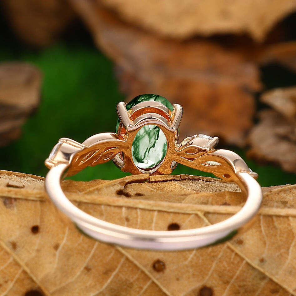 Unique 1.5carat Moss Agate Enagement Ring Nature Inspired Wedding Promise Ring 14k Soild Gold