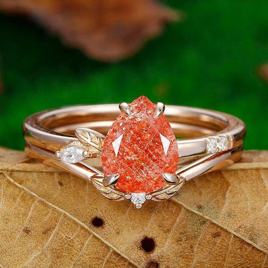 Unique 1.8 CT Pear Cut Nature Orange Sunstone Rose Gold Cluster Bridal Anniversary Ring