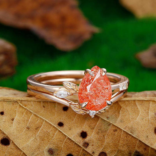 Unique 1.8 CT Pear Cut Nature Orange Sunstone Rose Gold Cluster Bridal Anniversary Ring - Esdomera