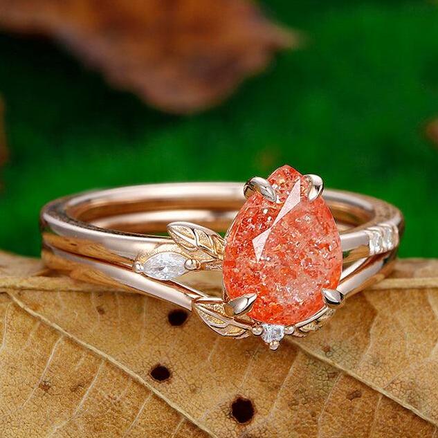 Unique 1.8 CT Pear Cut Nature Orange Sunstone Rose Gold Cluster Bridal Anniversary Ring