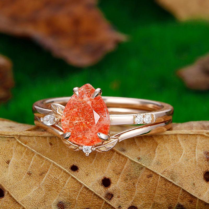 Unique 1.8 CT Pear Cut Nature Orange Sunstone Rose Gold Cluster Bridal Anniversary Ring - Esdomera