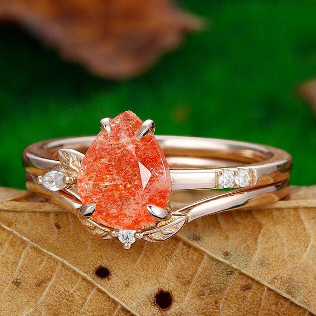 Unique 1.8 CT Pear Cut Nature Orange Sunstone Rose Gold Cluster Bridal Anniversary Ring