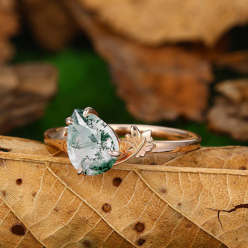 Unique 1.8 CT Pear Shaped 18K Rose Gold Natural Moss Agate Engagement Bridal Ring - Esdomera