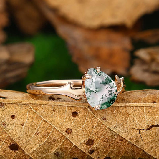 Unique 1.8 CT Pear Shaped 18K Rose Gold Natural Moss Agate Engagement Bridal Ring - Esdomera