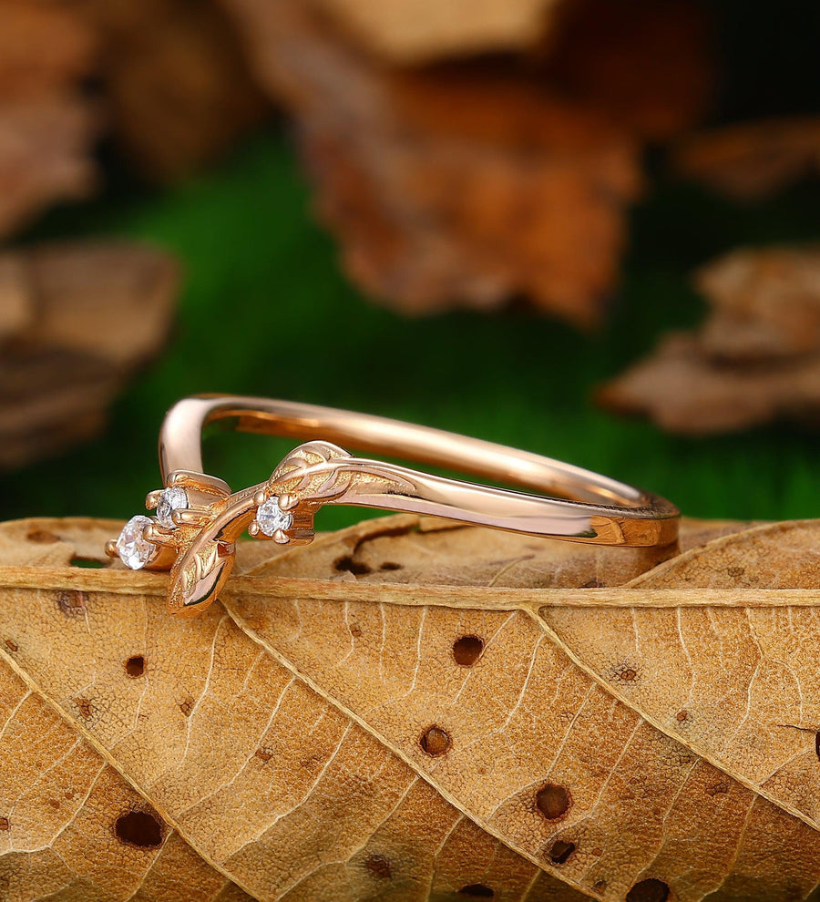unique 14k rose gold leaf curved moissanite wedding band dainty stacking ring - Esdomera