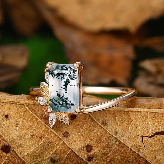 Unique 2 CT Emerald Cut Natural Moss Agate Bridal Ring In 925 Sterling Sliver - Esdomera