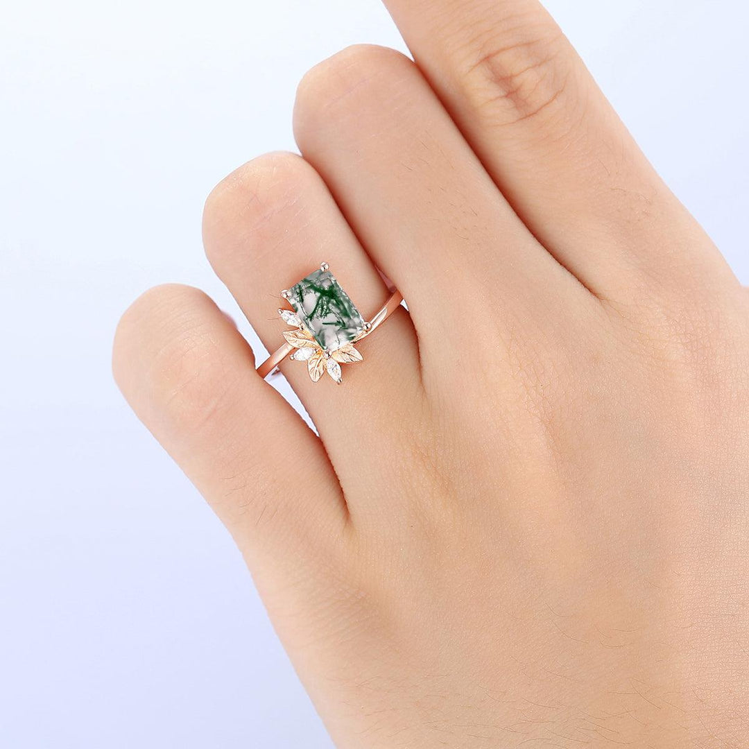 Unique 2 CT Emerald Cut Natural Moss Agate Bridal Ring In 925 Sterling Sliver - Esdomera