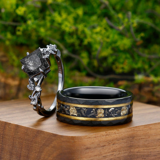 Unique 2CT Princess Cut Natural Black Rutilated Quartz Engagement Couples Ring Set - Esdomera