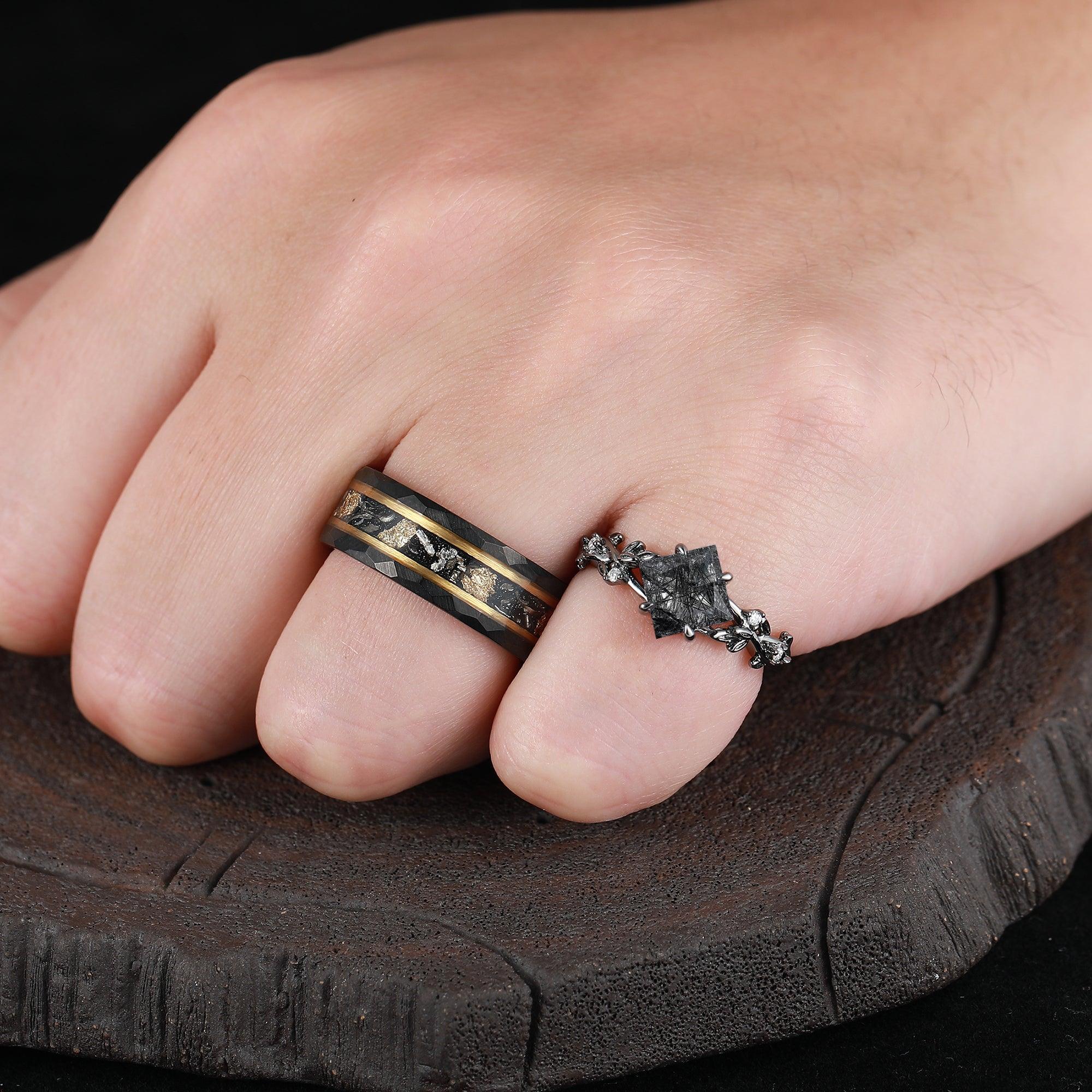 Unique 2CT Princess Cut Natural Black Rutilated Quartz Engagement