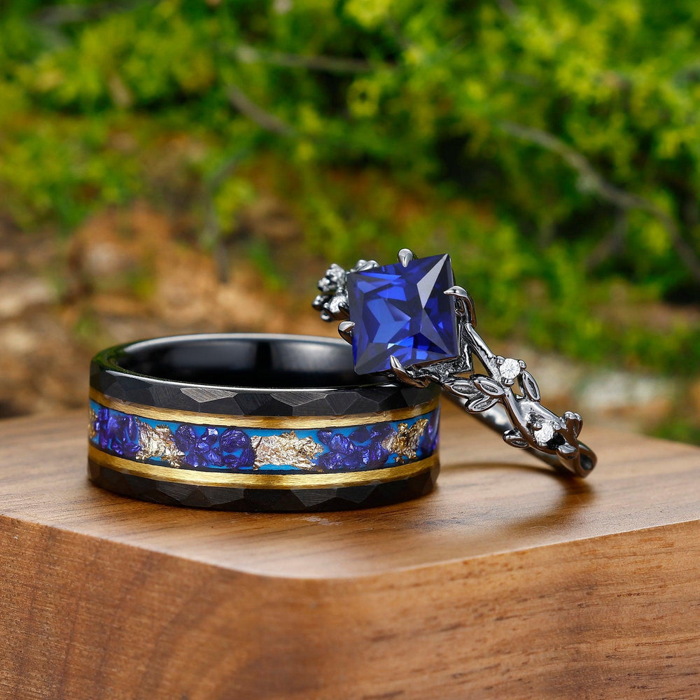 Princess Cut Sapphire Couple Rings Ct Princess Cut Blue Sapphire