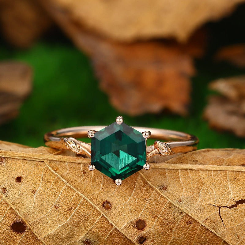Unique 6x9mm Emerald Wedding Ring Nature Inspired Leaf Vine Promise Ring - Esdomera