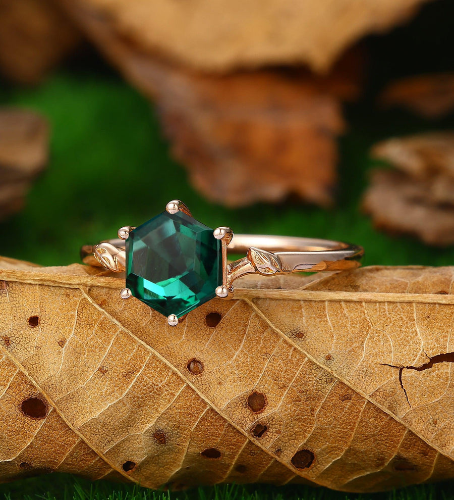 Unique 6x9mm Emerald Wedding Ring Nature Inspired Leaf Vine Promise Ring - Esdomera